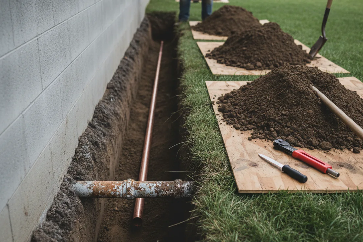 Excavated water line trench during Water Heater Repair in Aguila